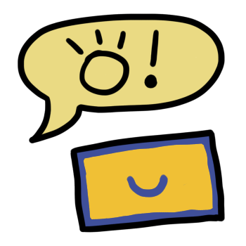 A speech bubble in yellow shows a greeting in the toki pona conlang, a yellow flag is visible beneath, with a blue border and the symbol for 'pona' in the center.